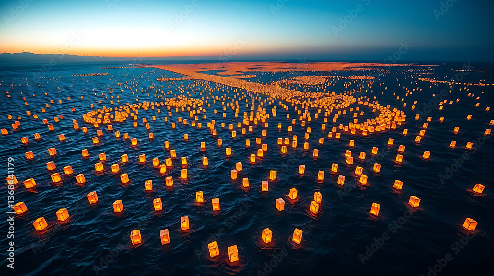 Fototapeta premium A tranquil twilight ocean filled with glowing lanterns drifting on gentle waves. The warm golden lights contrast beautifully with the deep blue water, Created with generative AI.
