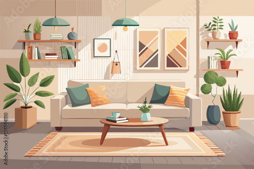 vector of Scandinavian-inspired living room interior design with light oak flooring, white walls, a beige sofa, and minimalist decor, creating a cozy and serene ...