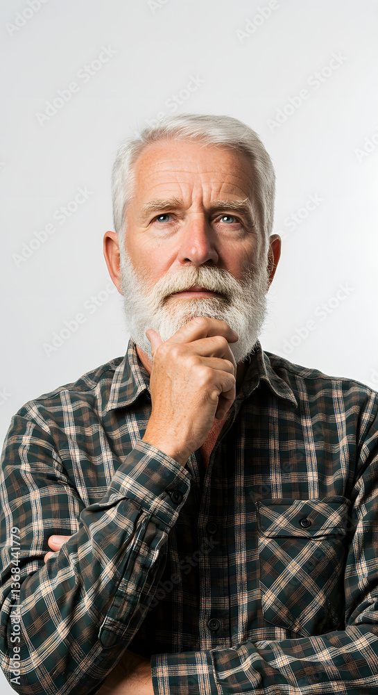 Thoughtful Senior Man with White Beard in Plaid Shirt Thoughtful Senior Man with White Beard in Plaid Shirt