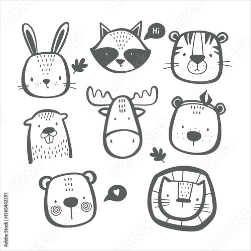 Сute animal faces in scandinavian style vector illustration on white background