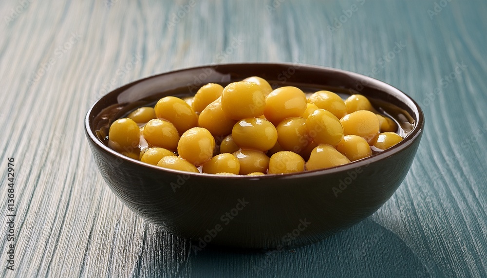 Golden Goodness: A close-up shot of a bowl of appetizing, golden chickpeas, a nutritious and versatile food source, against a wooden surface. Golden Goodness: A close-up shot of a bowl of appetizing, golden chickpeas, a nutritious and versatile food source, against a wooden surface.
