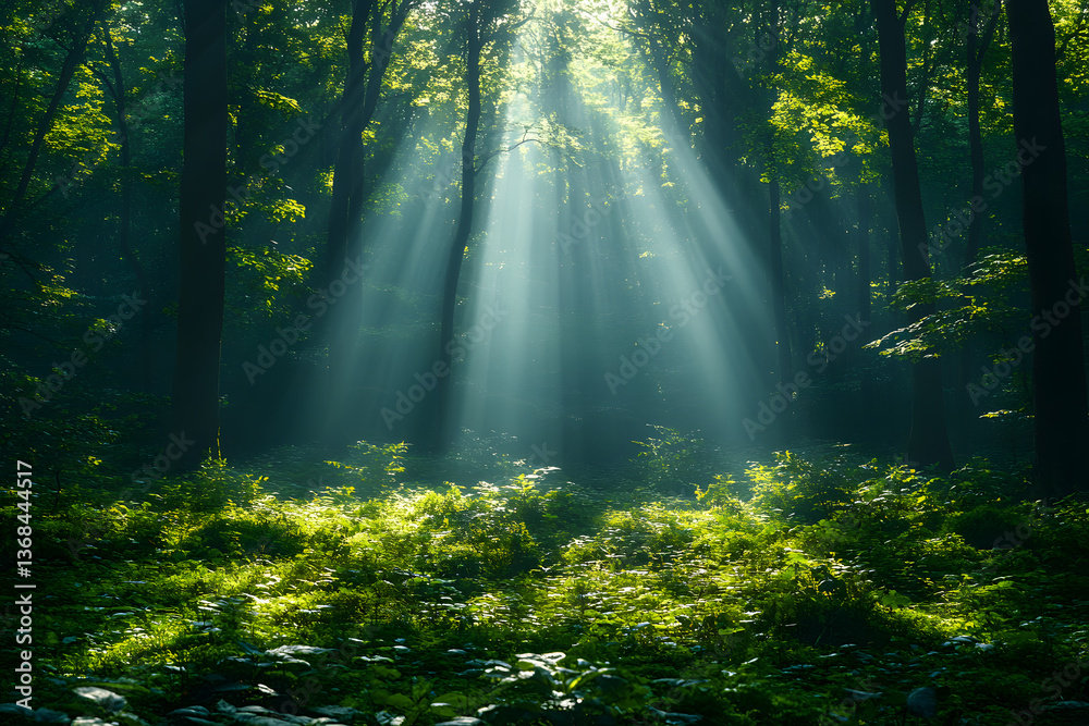 Obraz premium Forest Serenity: Sunlight streams through the canopy of a dense forest, illuminating the lush green undergrowth. The play of light and shadow creates a sense of mystery and tranquility.