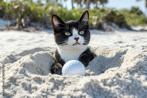 A curious cat sitting in a sandy beach setting, intently watching a white golf ball nearby, with palm trees in the background