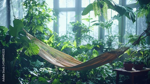 Serene sanctuary tranquil hammock amidst lush green plants indoor garden window light relaxation