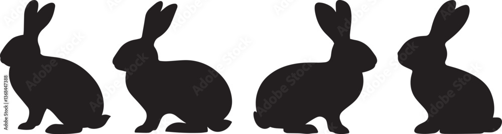 black silhouettes, four rabbits, row of bunnies, minimalist design, graphic illustration, monochrome, repeating pattern, simple shapes, easter motif, vector art, stylized animals, shadow puppets black silhouettes, four rabbits, row of bunnies, minimalist design, graphic illustration, monochrome, repeating pattern, simple shapes, easter motif, vector art, stylized animals, shadow puppets