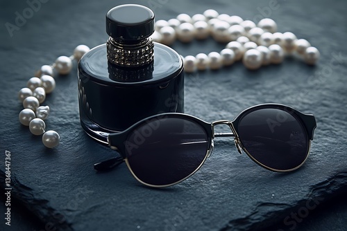A dramatic setting of a dark perfume bottle, black sunglasses, and pearls on a moody, dark slate surface for a modern vibe.