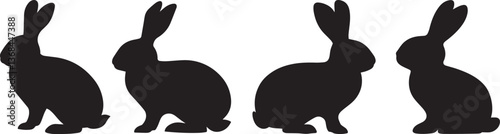 black silhouettes, four rabbits, row of bunnies, minimalist design, graphic illustration, monochrome, repeating pattern, simple shapes, easter motif, vector art, stylized animals, shadow puppets