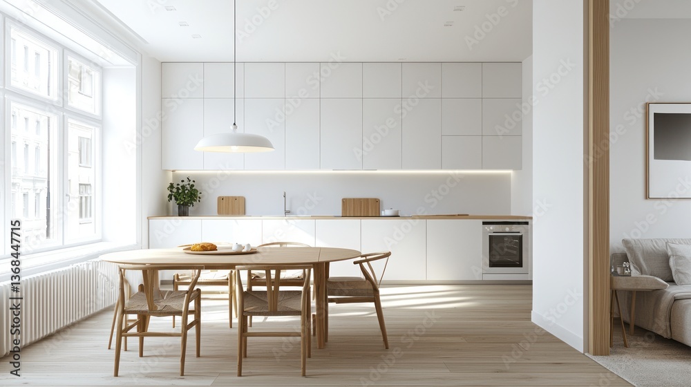 Fototapeta premium Bright modern kitchen with wood dining set in minimalist apartment for family living design style