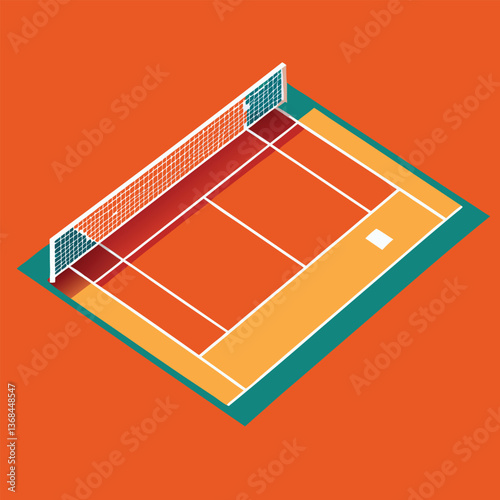 Vector illustration of a wooden table and set of furniture with tennis court, soccer field, and sports elements in a clean design
