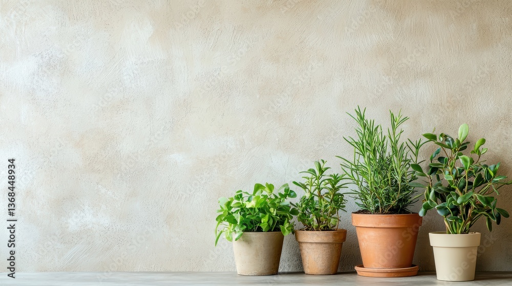 Fototapeta premium Potted Green Plants in Terracotta and Ceramic on Surface near a Textured Wall in Natural Light