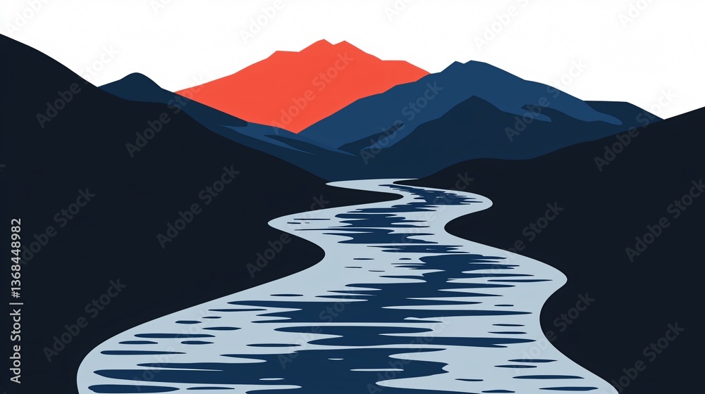 Obraz premium Winding river through mountains, sunset sky. Simple, clean design