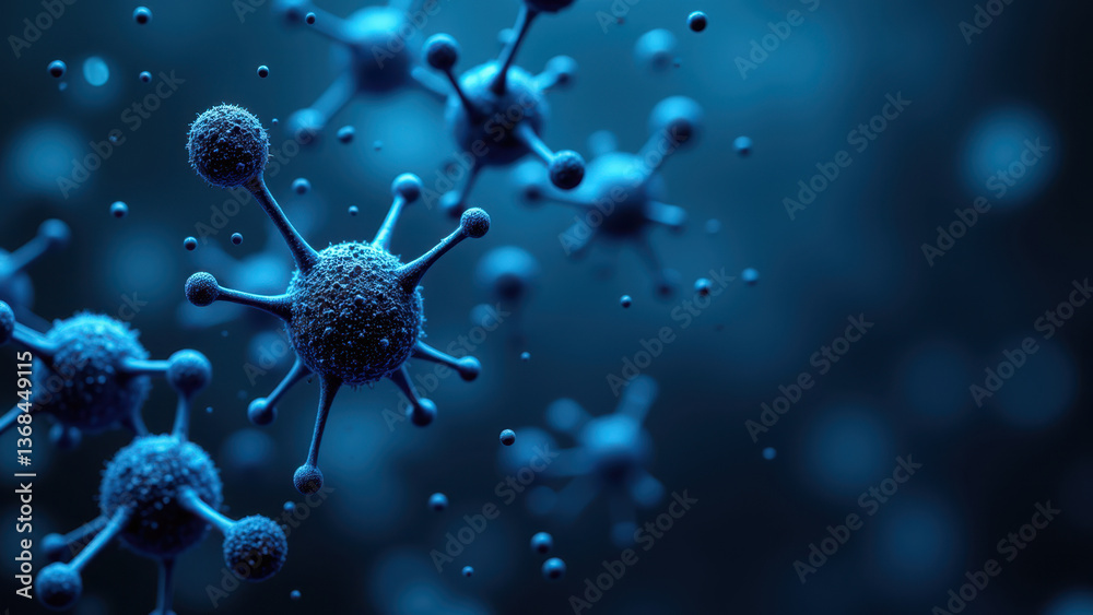 Obraz premium NAD+ molecule with structure highlighted by blue spheres and ribbons against a dark background, representing molecular interaction or supplement concept.