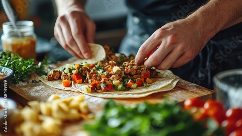 A delicious photo of making tacos at home for Cinco de Mayo, showcasing an array of fresh ingredients like tortillas, seasoned meat, vegetables, and toppings being prepared on a kitchen counter.