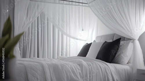 Serene canopy bed with white linens and black accent pillows minimalist aesthetic for luxury bedding design