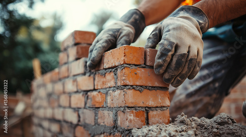 bricklayer hands in gloves laying bricks for house wall, Bricklayer laying brick on cement mix on construction site close-up, generative ai