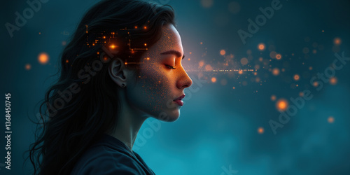 New modern era deep data AI power. Female mind genius global trend. Woman face future design, cyber tech smart tool, neural system ethics. Pixel head stream, human brain flow. Big matrix datum idea