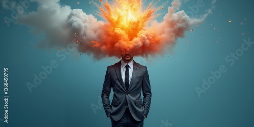 Anger people in shock state. Work man rage. ADHD person mental boom, brain burst, stress load health break. Idea of human mind blown by chaos Bad memory worry, awe fire, crisis head pain, funny talent photo