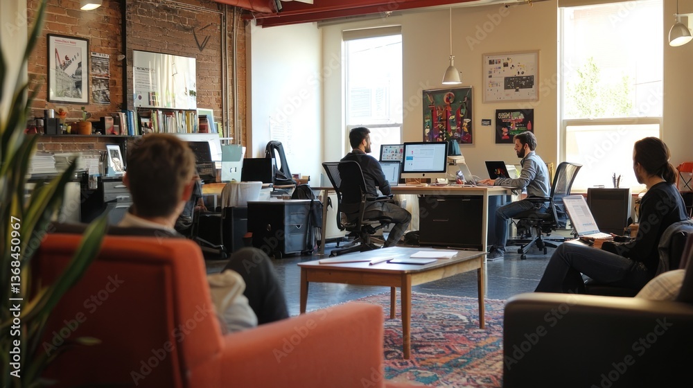 Fototapeta premium A startup office featuring motivated employees working together on new projects
