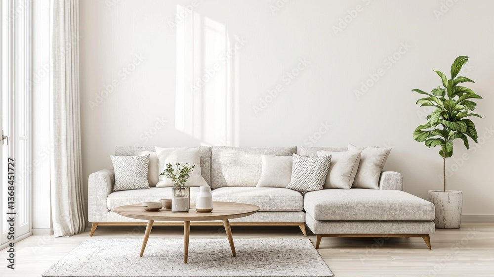 Fototapeta premium Light Modern Living Room Interior with Beige Sofa Throw Pillows and Decorative Items in a Minimalist Style