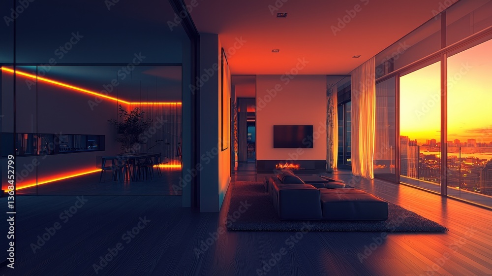 Fototapeta premium Serene evening glow illuminating luxurious urban apartment with panoramic city view at sunset