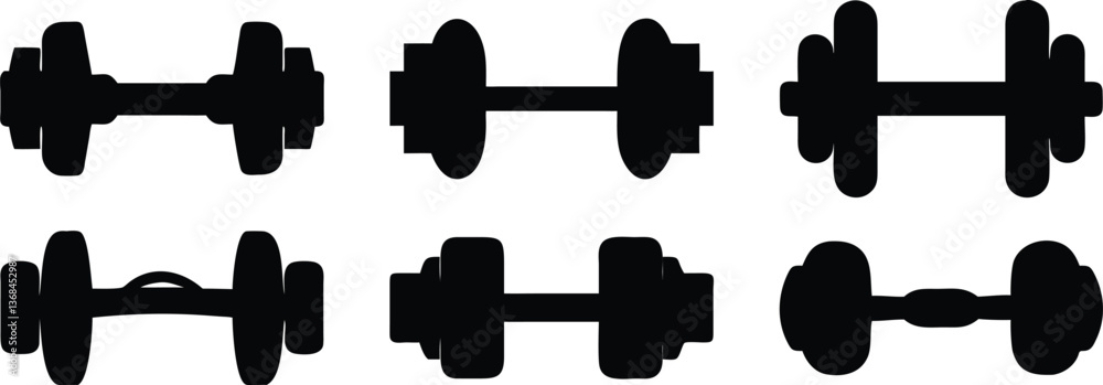 Silhouette dumbbells, black weightlifting icons, gym equipment symbols, fitness iconography, minimalist exercise graphics, strength training illustrations, simple workout shapes, vector gym elements Silhouette dumbbells, black weightlifting icons, gym equipment symbols, fitness iconography, minimalist exercise graphics, strength training illustrations, simple workout shapes, vector gym elements