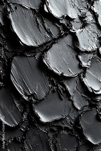 A textured abstract black and gray artwork with layered paint strokes