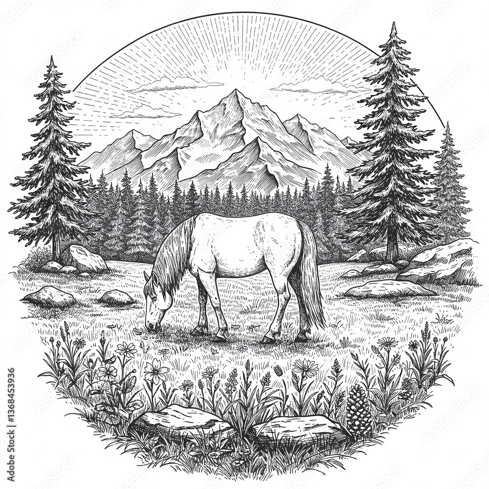 Fototapeta premium Horse Grazing in Mountain Landscape: A hand-drawn illustration of a horse grazing peacefully in a meadow framed by towering mountains and pine trees, capturing a serene scene.