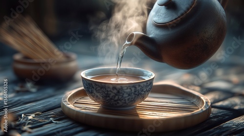 A traditional Chinese clay teapot pouring hot tea into a delicate porcelain teacup. photo