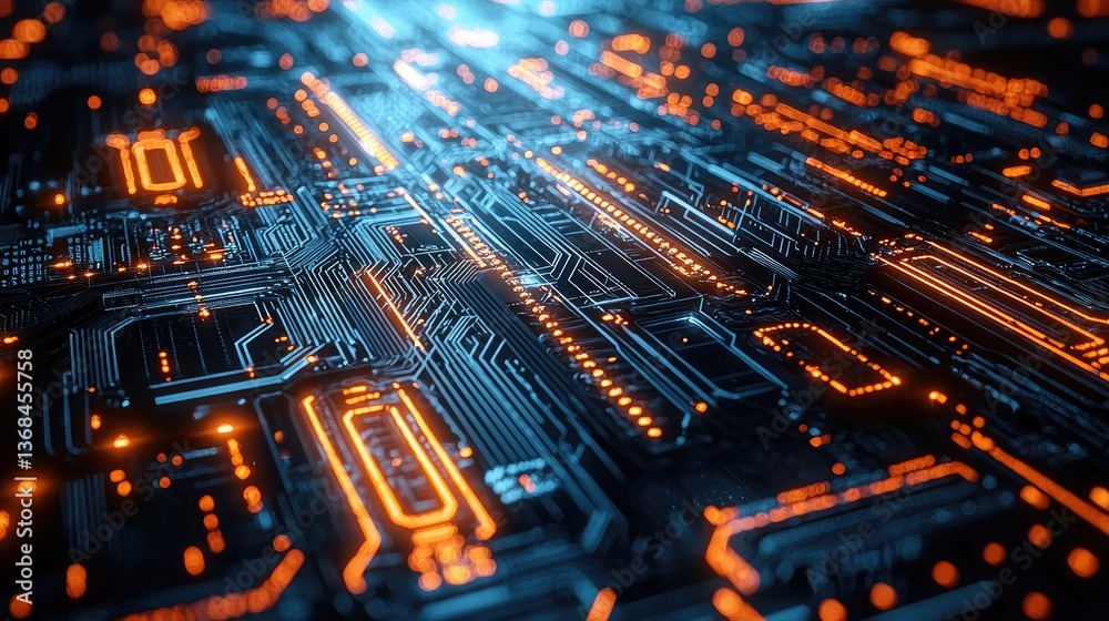 Futuristic Circuit Board Design with Glowing Blue and Orange Lines Representing Advanced Technology and AI Communication Futuristic Circuit Board Design with Glowing Blue and Orange Lines Representing Advanced Technology and AI Communication
