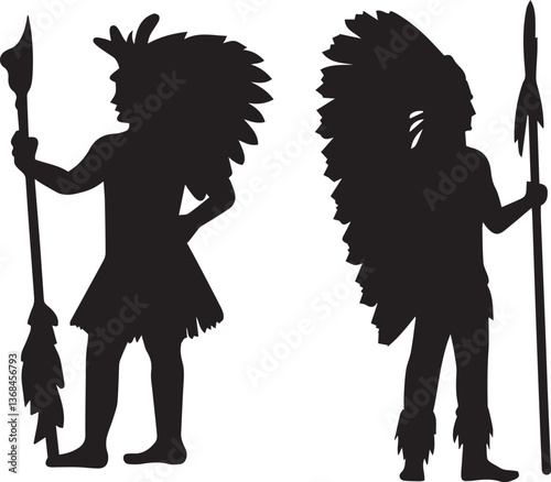 Silhouette, Native American warriors, headdress, spears, tribal attire, black and white, contrast, profile view, standing pose, feathered headdress, traditional costume, cultural representation