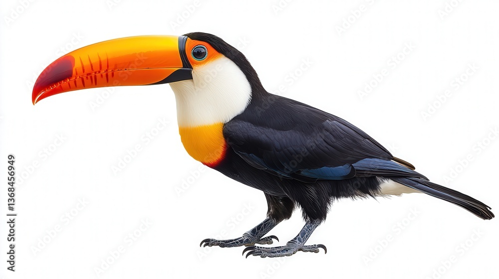 Fototapeta premium Colorful toucan with a vibrant beak, showcasing its striking colors against a plain white background.