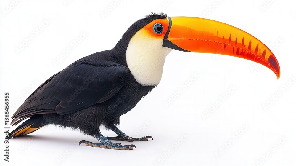 Fototapeta premium Vibrant toucan with striking orange beak perched against a white background.