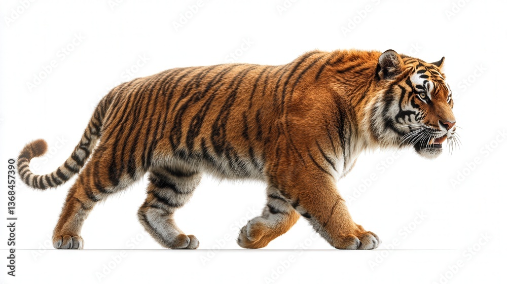 Fototapeta premium Majestic tiger walking gracefully on a white background.