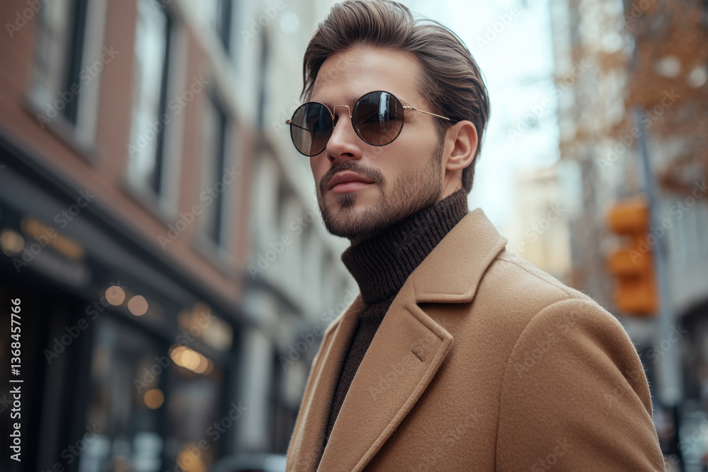 Man in sunglasses and coat walks confidently down city street, surrounded by tall buildings and bustling crowd. Man in sunglasses and coat walks confidently down city street, surrounded by tall buildings and bustling crowd.