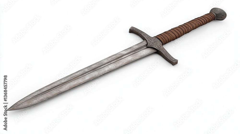 Medieval-style sword with a detailed hilt and leather-wrapped handle on a plain background. Medieval-style sword with a detailed hilt and leather-wrapped handle on a plain background.