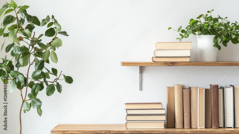 Cozy reading space showcasing bookshelves with old books and indoor plants enhancing a minimalist interior design style Cozy reading space showcasing bookshelves with old books and indoor plants enhancing a minimalist interior design style