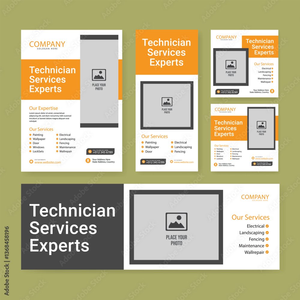Fototapeta premium technology service banner template set. Business web banner layout for cover, services banner, social media, roll up banner, poster, card.