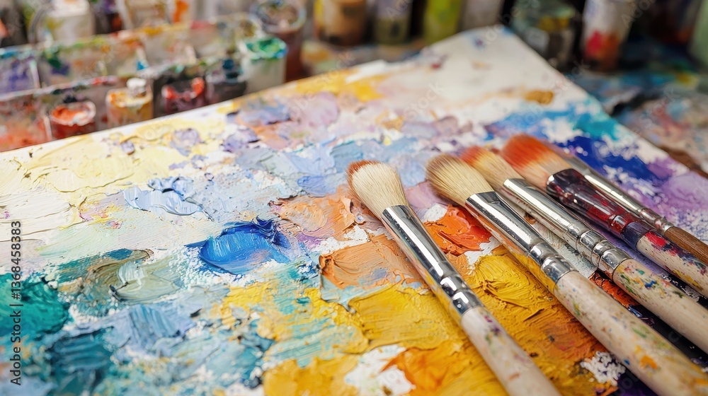 Obraz premium Artistic workspace featuring paint brushes and a palette adorned with vibrant color palette in soft studio light