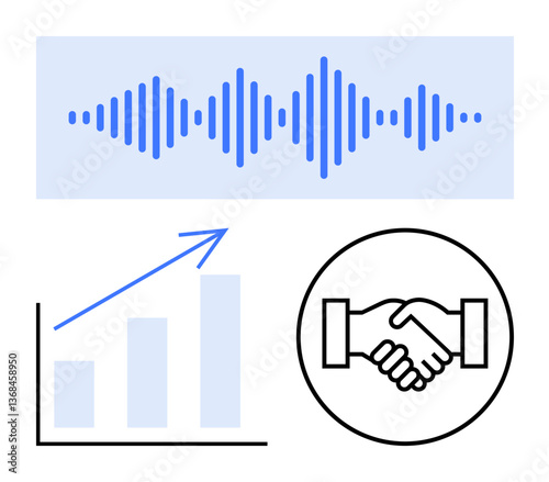 Audio waveform, upward growth chart, and handshake icon suggest synergy between communication and business growth. Ideal for collaboration, partnership, marketing, teamwork, negotiation, technology
