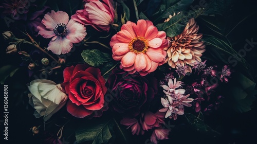 Beautiful bouquet of different flowers on black background. Floral card design with dark vintage effect.