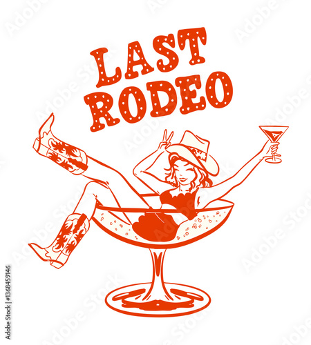 Cuadro en lienzo Whimsical Cowgirl in Martini drink glass, Hand drawn Last rodeo Bachelorette gir