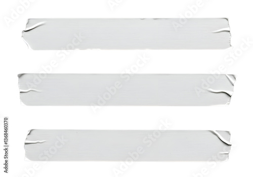 Three horizontal plain strips of white masking tape with torn edges on transparent backdrop