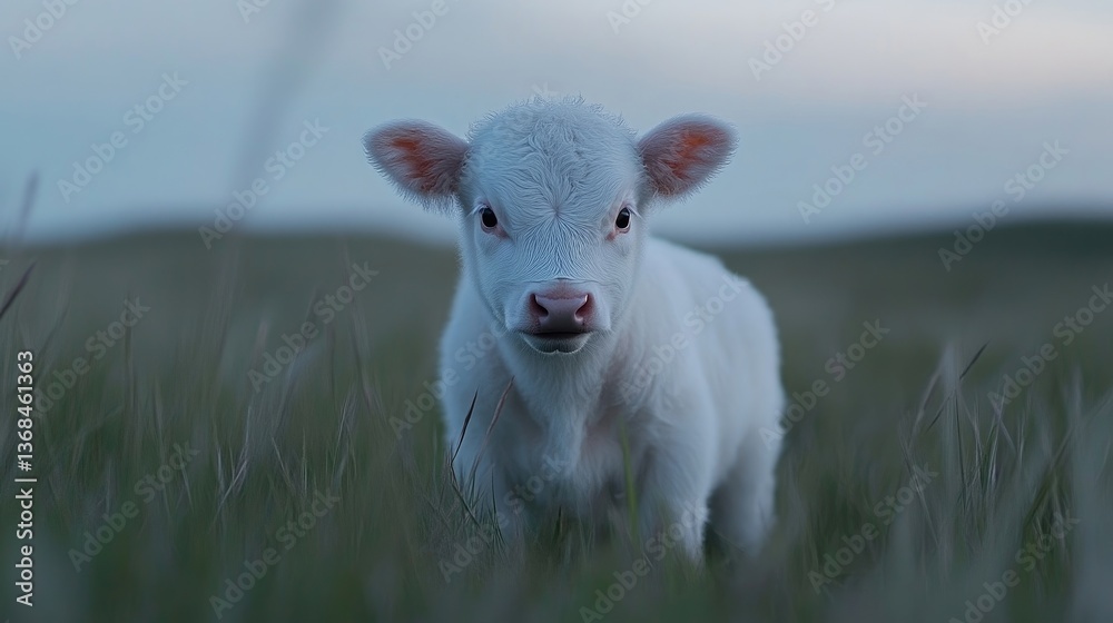 Obraz premium A fluffy white calf in a grassy field at dusk