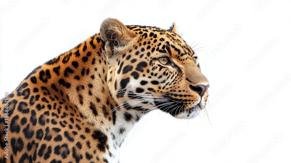 Majestic leopard gazing intently against a stark white backdrop. Majestic leopard gazing intently against a stark white backdrop.