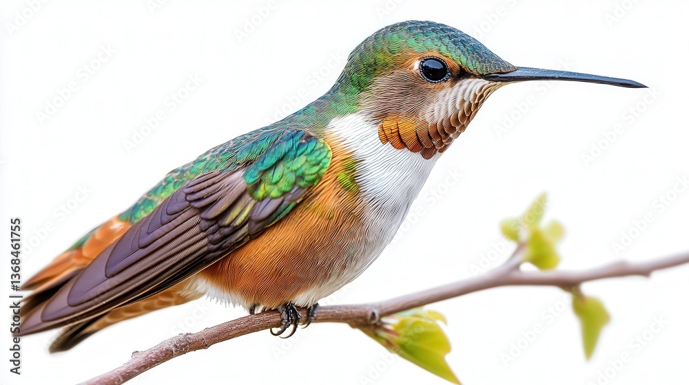 Fototapeta premium Vibrant hummingbird perched on a branch, showcasing its iridescent plumage against a soft, blurred background.