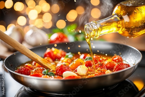 Preparación de una deliciosa salsa con tomates frescos y aceite de oliva en una cocina iluminada