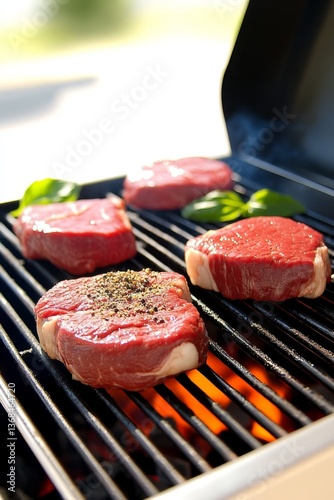 Proceso de parrilla de carne en un asador al aire libre con un enfoque macro