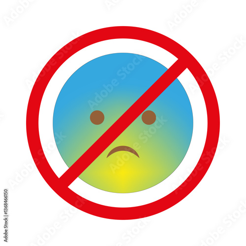 Sad face emoji. Red crossed circle. Prohibited mood symbol. Colorful gradient design.