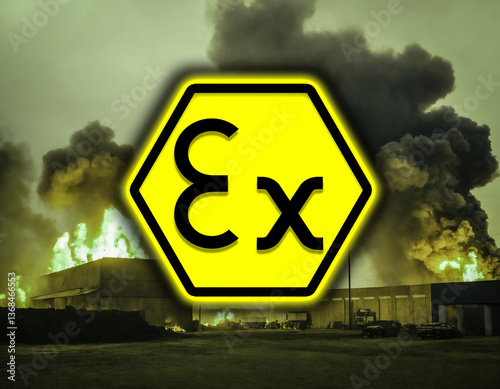 ATEX directive regulation (Equipment intended for use in explosive atmospheres) sign in front of burning industrial warehouse