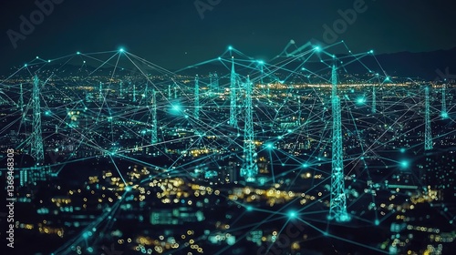 Wallpaper Mural Futuristic Cityscape with Networked Communication Towers Connecting Urban Landscape at Night Torontodigital.ca